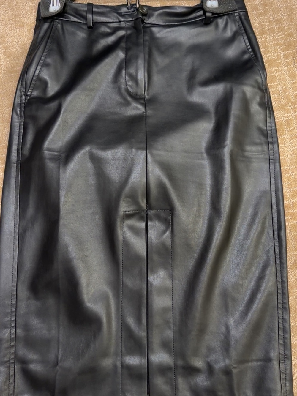 J.Crew Black Faux Leather Midi Pencil Skirt Size 4 Front Slit
